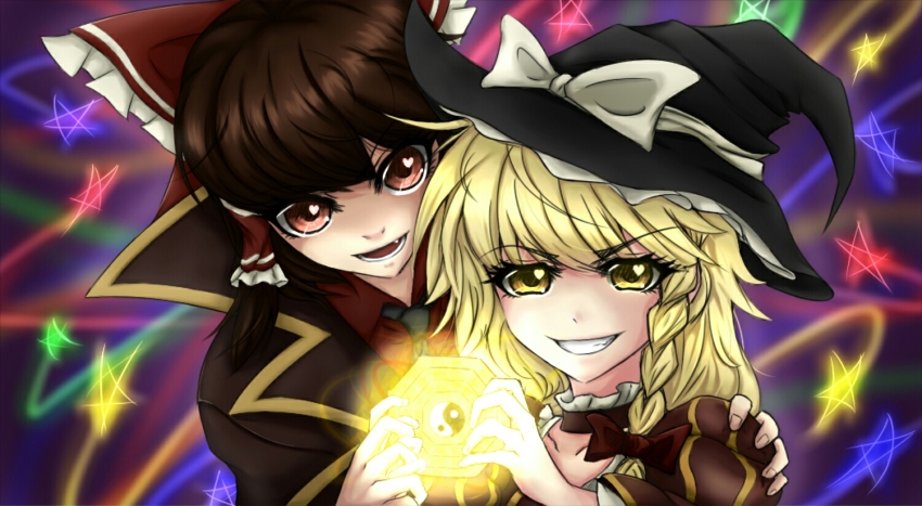 2girls, :d, beatrice_(cosplay), beatrice_(umineko), blonde_hair, bow, brown_hair, cape