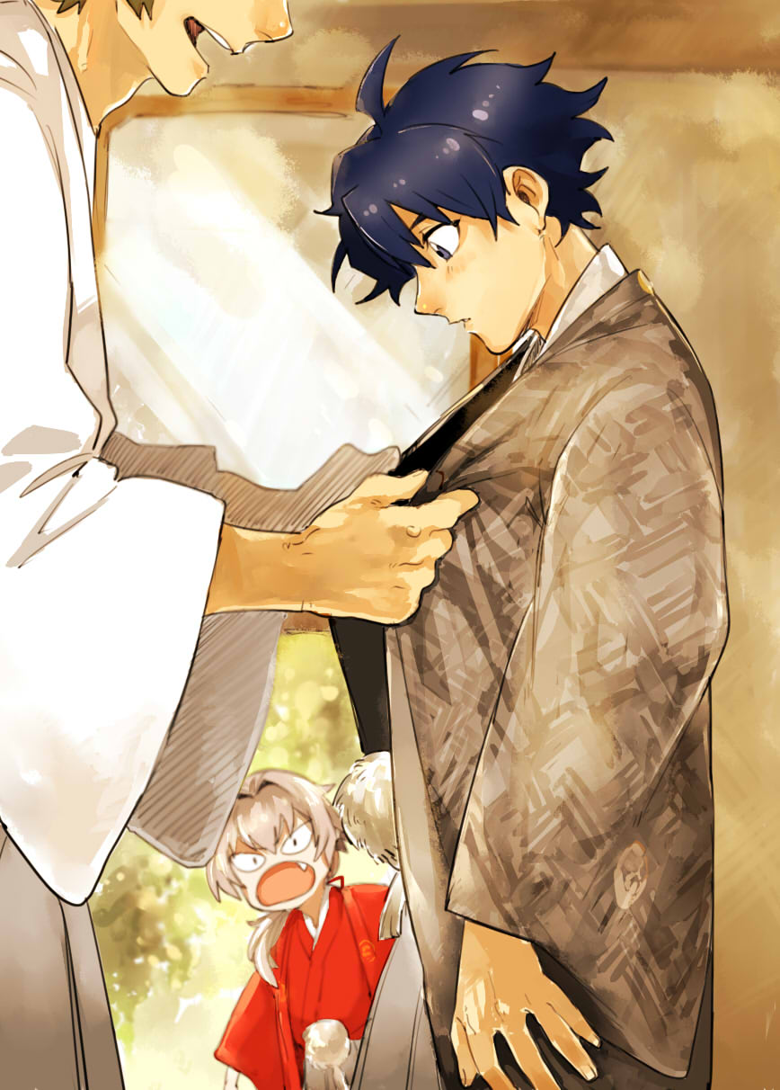 10s, 3boys, alternate_costume, blue_eyes, blue_hair, blush, chorota, dressing