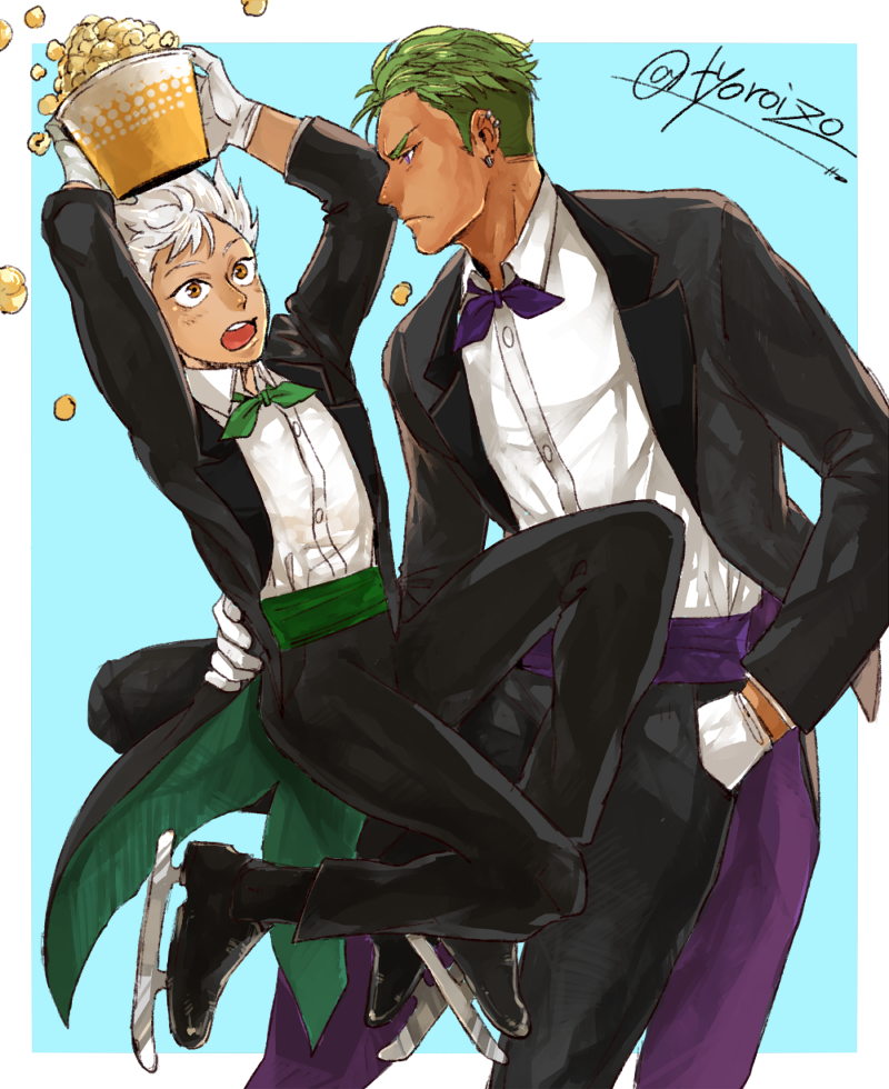 2boys, arms_up, blue_background, bowl, brown_eyes, chorota, coattails, dark-skinned_male