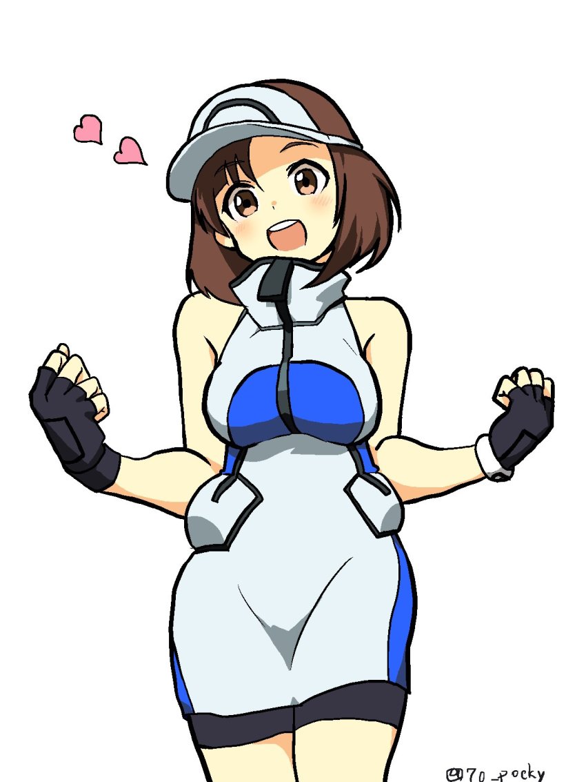 1girl, ace_trainer_(female)_(pokemon_sm), ace_trainer_(pokemon), bad_id, bad_twitter_id, black_gloves, brown_eyes, brown_hair, clenched_hand, cowboy_shot, female_focus, fingerless_gloves, gloves, heart, high_collar, highres, nao_(70_pocky), nintendo, npc_trainer, pokemon, pokemon_sun_and_moon, short_hair, simple_background, smile, solo, twitter_username, visor_cap, white_background