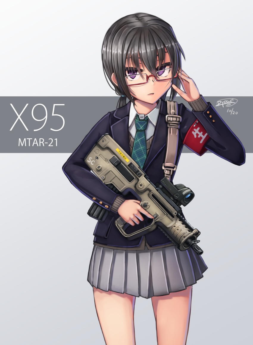 1girl, assault_rifle, bad_id, bad_pixiv_id, black_hair, bullpup, carbine, dreadtie