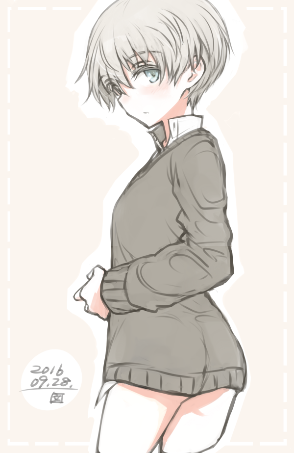 10s, 1girl, alternate_costume, aqua_eyes, ass, blush, bun'ya_(0874cirno141), dress_shirt