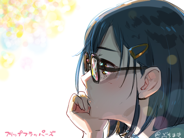 1girl, backlighting, blue_hair, copyright_name, female_focus, flip_flappers, glasses, hair_ornament