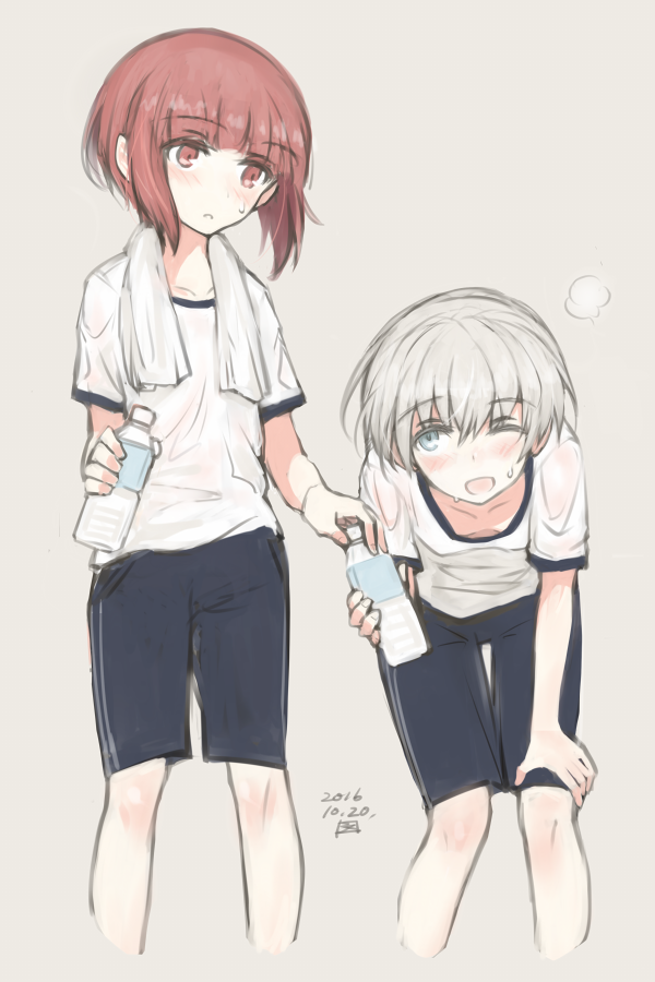 10s, 2016, 2girls, ;d, blush, bottle, brown_eyes, brown_hair, bun'ya_(0874cirno141), cropped_legs, dated, downblouse, grey_background, gym_shorts, gym_uniform, hand_on_own_knee, kantai_collection, leaning_forward, multiple_girls, one_eye_closed, open_mouth, short_hair, shorts, silver_hair, smile, sweat, towel, towel_around_neck, water_bottle, z1_leberecht_maass_(kancolle), z3_max_schultz_(kancolle)