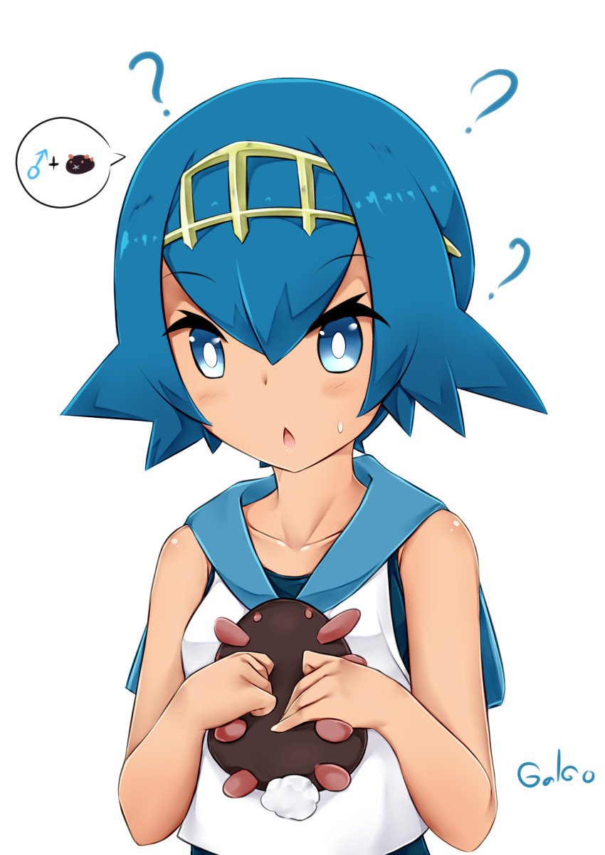 1girl, :<, ?, absurdres, alternate_color, bare_shoulders, blue_eyes, blue_hair, blush, child, galgo_(awokenisfear), hairband, highres, holding, lana_(pokemon), nintendo, open_mouth, pokemon, pokemon_sun_and_moon, simple_background, upper_body, white_background