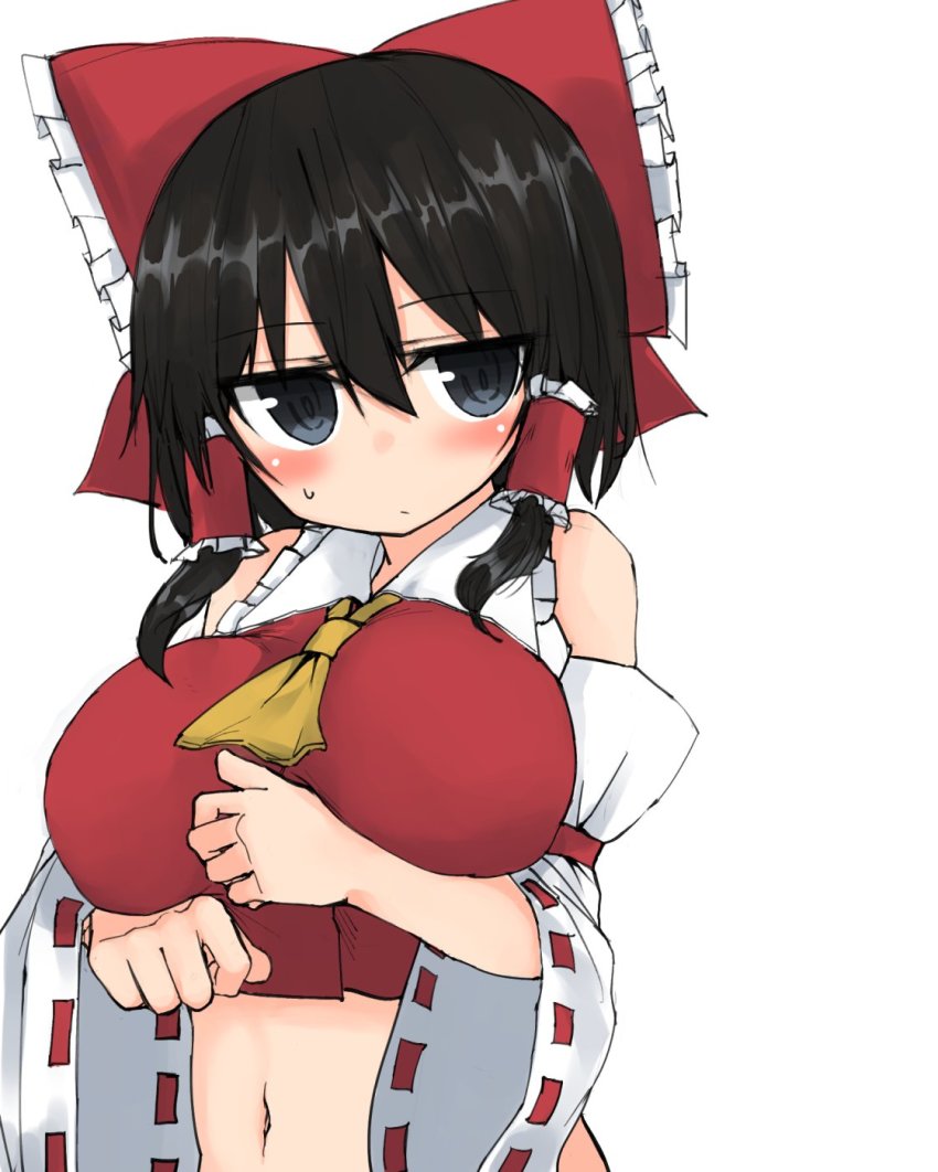 1girl, 1tori, black_eyes, black_hair, blush, breasts, female_focus, golgi_hon, hair_ribbon, hakurei_reimu, highres, huge_breasts, japanese_clothes, miko, nikkesu, ribbon, solo, sweat, touhou, twintails