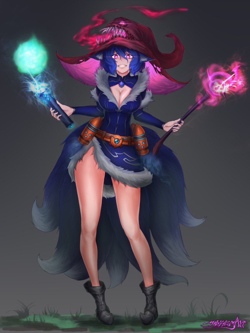 1girl, absurdres, ahri_(league_of_legends), alternate_costume, alternate_hair_color, animal_ears, ankle_boots, artist_name