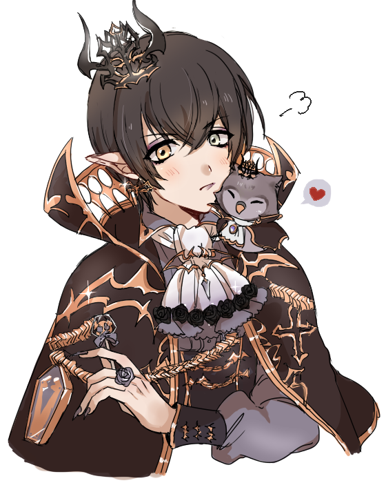 1boy, bad_id, bad_pixiv_id, bird, black_hair, blue_eyes, cape, crown, eva_armstrong, heart, heterochromia, i-chu, jewelry, male_focus, owl, pointy_ears, rikumuux, ring, short_hair, simple_background, solo, spoken_heart, white_background, yellow_eyes