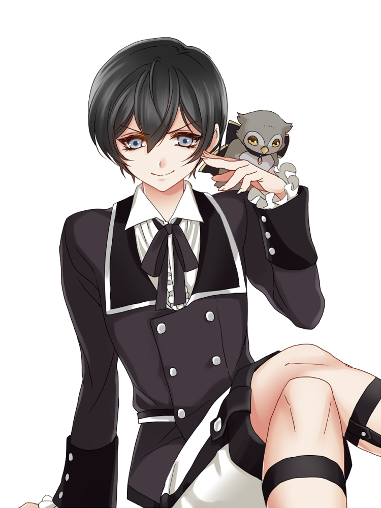 1boy, bird, black_hair, blue_eyes, esaka, eva_armstrong, i-chu, male_focus, owl, ribbon, short_hair, shorts, smile, solo, white_background