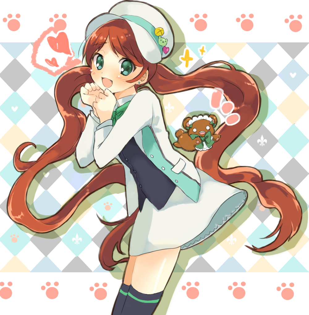 10s, 1girl, :d, ^^^, argyle_background, argyle_clothes, badge, bear, black_thighhighs, blush, brown_hair, button_badge, clenched_hands, earrings, eyebrows, fang, female_focus, fleur-de-lis, from_side, green_eyes, hat, heart, jewelry, long_hair, long_sleeves, maid_headdress, o_o, open_mouth, paw_print, sharp_teeth, silhouette, skirt, smile, solo, striped_clothes, striped_thighhighs, teeth, thighhighs, twintails, unyoron, very_long_hair, white_hat, white_skirt, yuri_kuma_arashi, yurigasaki_lulu