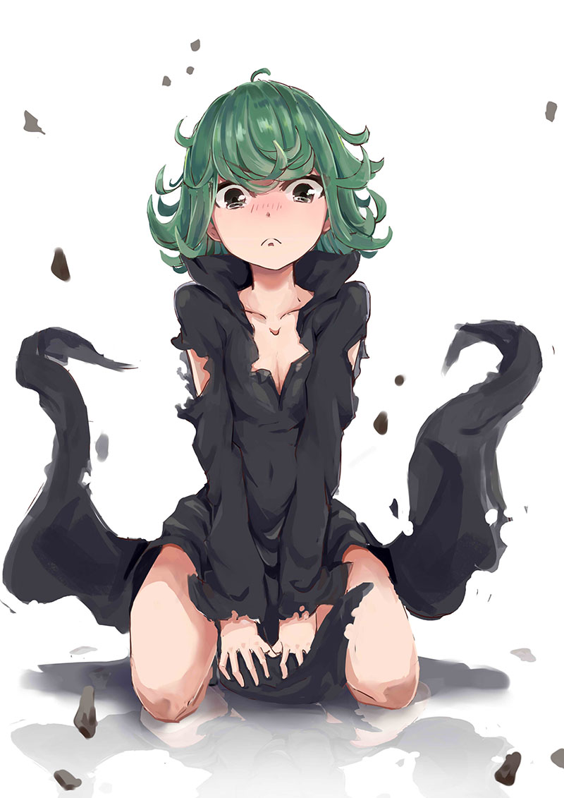 1girl, akatsukiame, black_dress, blush, breasts, curly_hair, dress, female_focus, green_eyes, green_hair, kneeling, looking_at_viewer, matching_hair/eyes, one-punch_man, reflection, short_hair, simple_background, small_breasts, solo, tatsumaki, tears, torn_clothes, v_arms, white_background