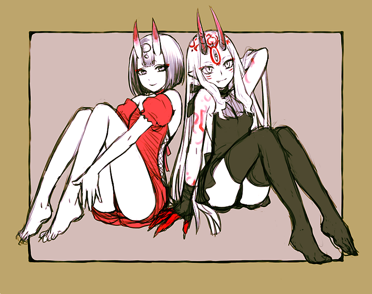 2girls, alternate_costume, arm_behind_head, arm_support, barefoot, black_dress, black_legwear, cross-laced_clothes