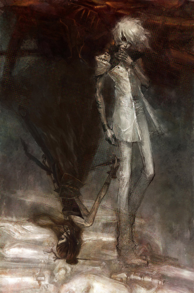 black_hair, dress, fishnets, goth_fashion, hair_ornament, ikaruga, jacket, kagari_(ikaruga), shinra_(ikaruga), skirt, white_hair