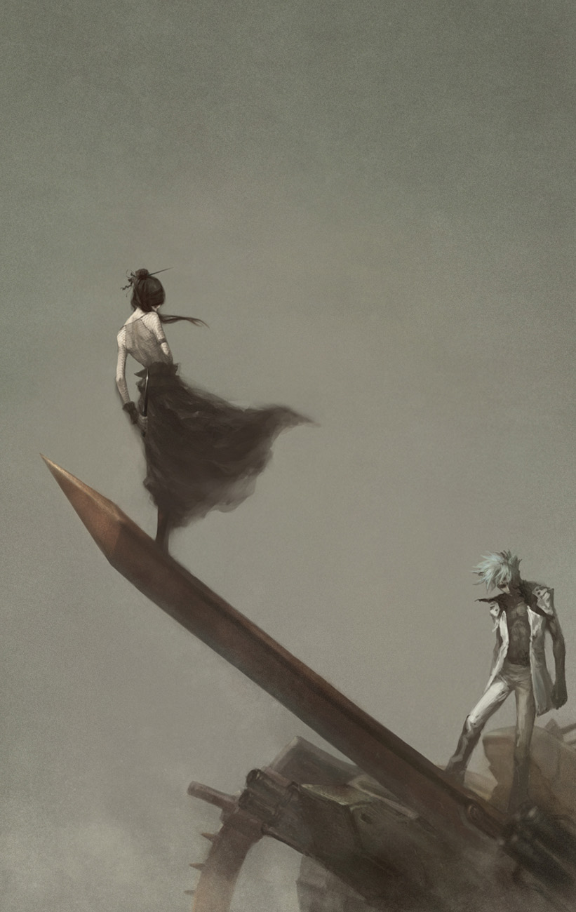 1boy, 1girl, bare_shoulders, black_hair, dress, fishnets, goth_fashion, hair_ornament