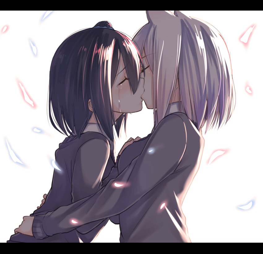 2girls, animal_ears, black_hair, blue_scrunchie, breasts, closed_eyes, couple, crying