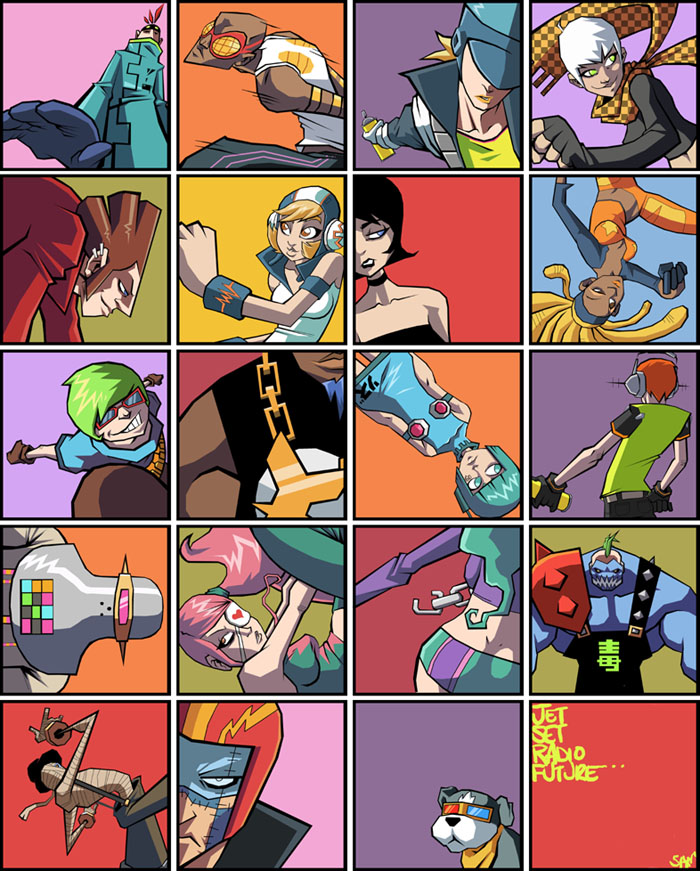 6+boys, 6+girls, beat_(jsr), boogie_(jsr), chain, combo_(jsr), corn_(jsr), cube_(jsr), dog, everyone, eyepatch, garam_(jsr), glasses, goggles, headphones, jazz_(jsr), jet_grind_radio, jet_set_radio, jet_set_radio_future, mekabu-chan, multiple_boys, multiple_girls, potts_(jsr), scarf, sega, soda_(jsr), yoyo_(jsr)