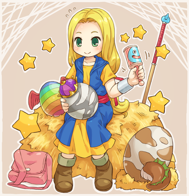 1girl, blonde_hair, character_print, dragon_quest, dragon_quest_monsters, dragon_quest_monsters:_terry's_wonderland, egg, female_focus
