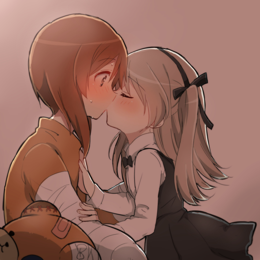 10s, 2girls, animal_costume, bad_id, bad_pixiv_id, bandages, bear_costume, blush, boko_(girls_und_panzer), boko_(girls_und_panzer)_(cosplay), brown_hair, cosplay, dress, girls_und_panzer, hair_ribbon, highres, kiss, multiple_girls, nishizumi_miho, ribbon, shimada_arisu, shirt, sorimachi-doufu, white_shirt, yuri