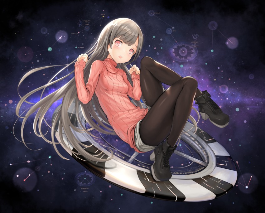1girl, black_pantyhose, blunt_bangs, blush, boots, commentary_request, female_focus, future_girlfriend, grey_hair, lolihorn, long_hair, long_sleeves, looking_at_viewer, md5_mismatch, pantyhose, red_eyes, resolution_mismatch, ribbed_sweater, shorts, sleeves_past_wrists, solo, source_larger, sweater, turtleneck, very_long_hair, yulin_(future_girlfriend)