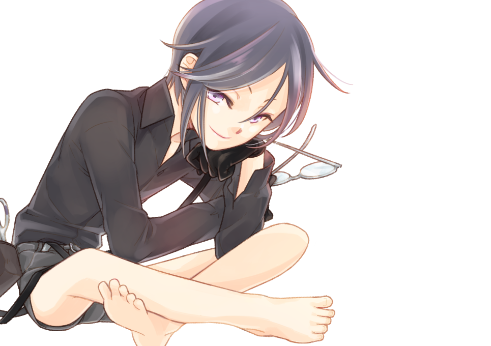 10s, 1boy, alternate_costume, arm_support, barefoot, black_gloves, black_hair, closed_mouth, dress_shirt, unworn_eyewear, forehead, glasses, gloves, hand_on_own_chin, holding, holding_removed_eyewear, indian_style, kumataru, leaning_forward, looking_at_viewer, male_focus, shirt, shorts, simple_background, sitting, smile, solo, suspenders, touken_ranbu, transparent_background, white_background, yagen_toushirou