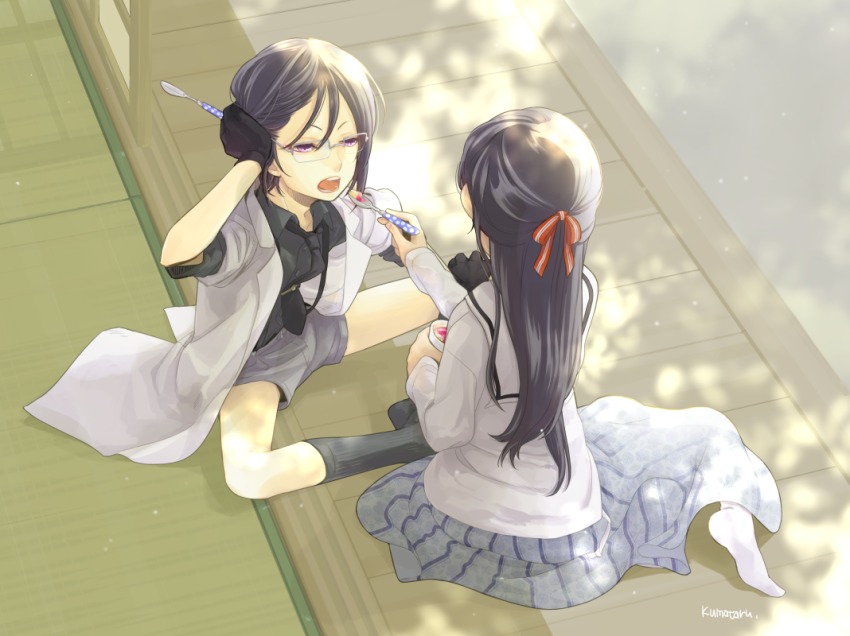 10s, 1boy, 1girl, adjusting_hair, artist_name, black_gloves, black_hair, black_legwear, cardigan, feeding, female_saniwa_(touken_ranbu), food, from_above, glasses, gloves, hair_ribbon, kumataru, lab_coat, little_girl_saniwa_(touken_ranbu), long_hair, long_skirt, open_mouth, purple_eyes, ribbon, saniwa_(touken_ranbu), shade, shaved_ice, shorts, signature, skirt, sliding_doors, socks, spoon, tatami, touken_ranbu, white_legwear, yagen_toushirou