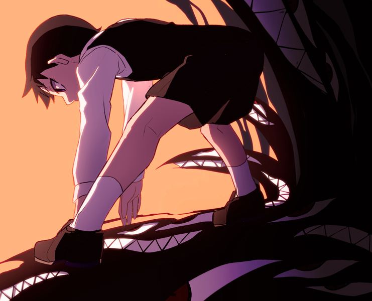 1boy, black_hair, child, full_body, fullmetal_alchemist, inumaru_akagi, loafers, male_focus, pride_(fma), purple_eyes, selim_bradley, shoes, shorts, solo, white_legwear