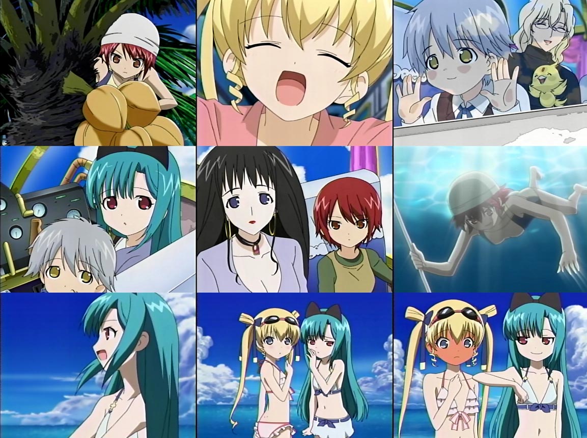 00s, 3girls, :d, anime_screenshot, aqua_hair, bikini, blonde_hair, blush