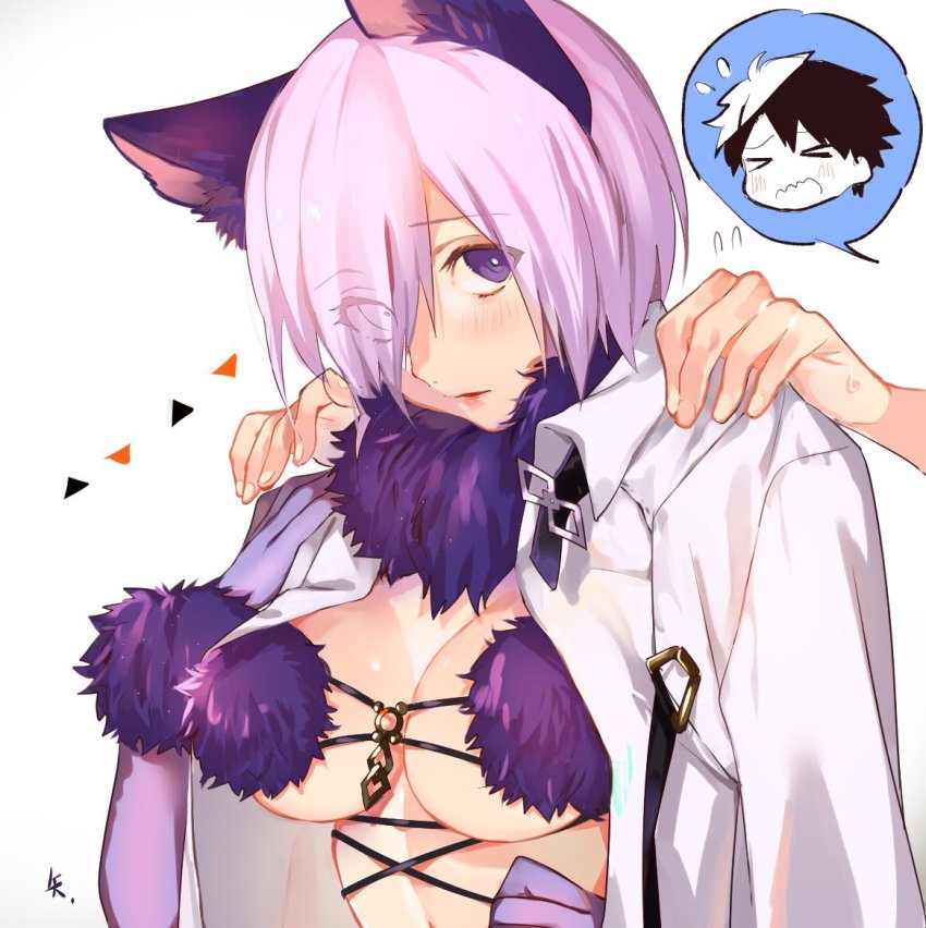 >_<, 1boy, 1girl, animal_ears, blush, breasts, cleavage, closed_eyes