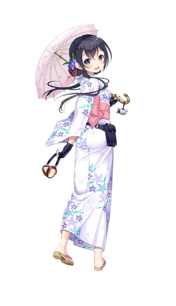 1girl, :d, alternate_hairstyle, black_hair, female_focus, fingerless_gloves, flower, formation_girls, full_body, gloves, goggles, hair_flower, hair_ornament, hatamori_miu, highres, japanese_clothes, kamura_poku, kimono, long_hair, looking_at_viewer, official_art, open_mouth, purple_eyes, sandals, smile, socks, solo, tabi, transparent_background, umbrella, yukata