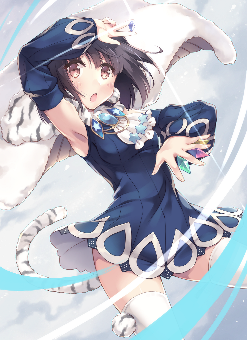 10s, 1girl, armpits, black_hair, cape, female_focus, fur_cape, highres, itoichi., lapis_lazuline, mahou_shoujo_ikusei_keikaku, mahou_shoujo_ikusei_keikaku_restart, mole, mole_under_eye, open_mouth, short_hair, solo, tail, white_legwear