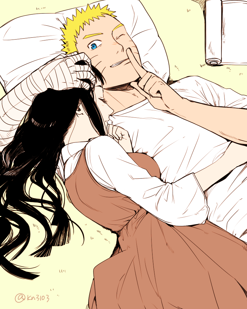 1boy, 1girl, bad_id, bad_pixiv_id, bandaged_arm, bandages, black_hair, blonde_hair, blue_eyes, breasts, closed_eyes, couple, dress, facial_mark, finger_to_mouth, hetero, husband_and_wife, hyuuga_hinata, lying, naruto_(classic), naruto_(series), one_eye_closed, pillow, satomi_(n-s_freedom), sleeping, uzumaki_hinata, uzumaki_naruto, whisker_markings