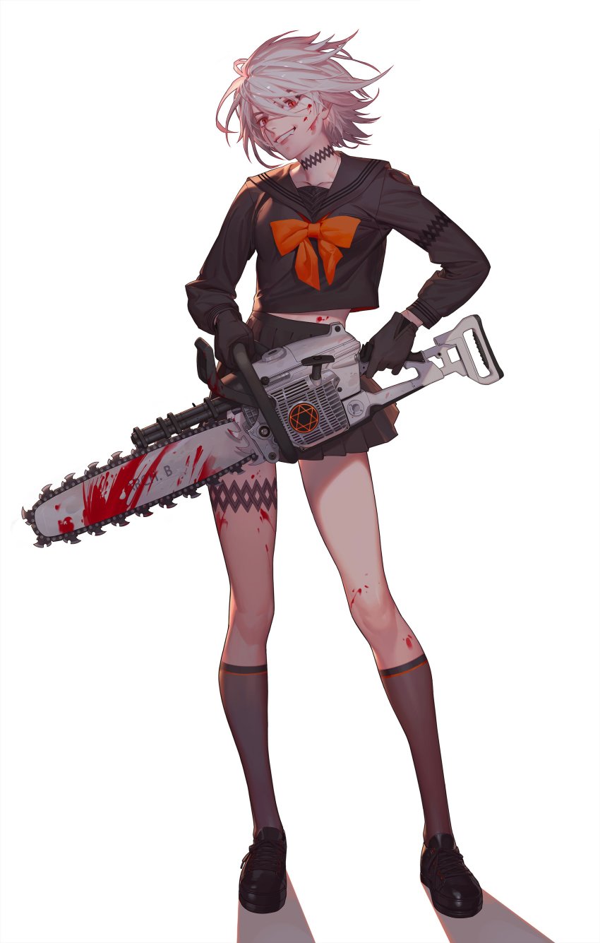 1girl, absurdres, black_gloves, black_survival, blood, blood_on_face, blood_stain, bow, chainsaw, choker, contrapposto, female_focus, full_body, gloves, grin, highres, jackie_(black_survival), jackie_quilt, kneehighs, loafers, looking_at_viewer, miniskirt, official_alternate_costume, one_touch, pleated_skirt, red_eyes, school_uniform, serafuku, shoes, short_hair, simple_background, skirt, slit_pupils, smile, socks, solo, standing, white_background, white_hair