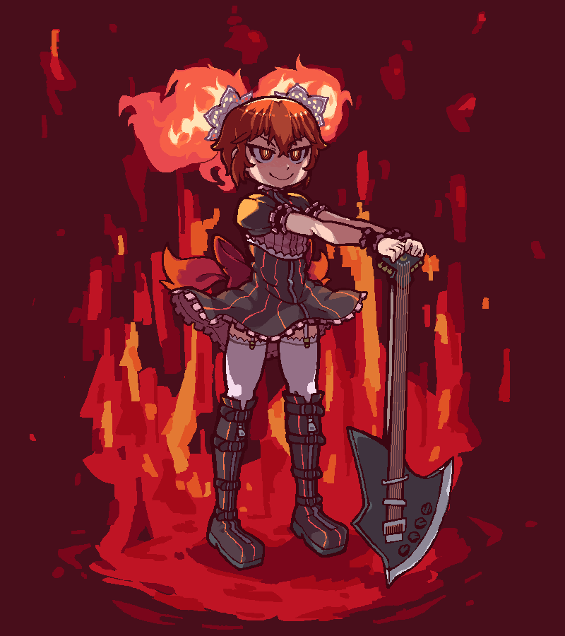1girl, axe, baconpal, black_dress, boots, dress, electric_guitar, female_focus