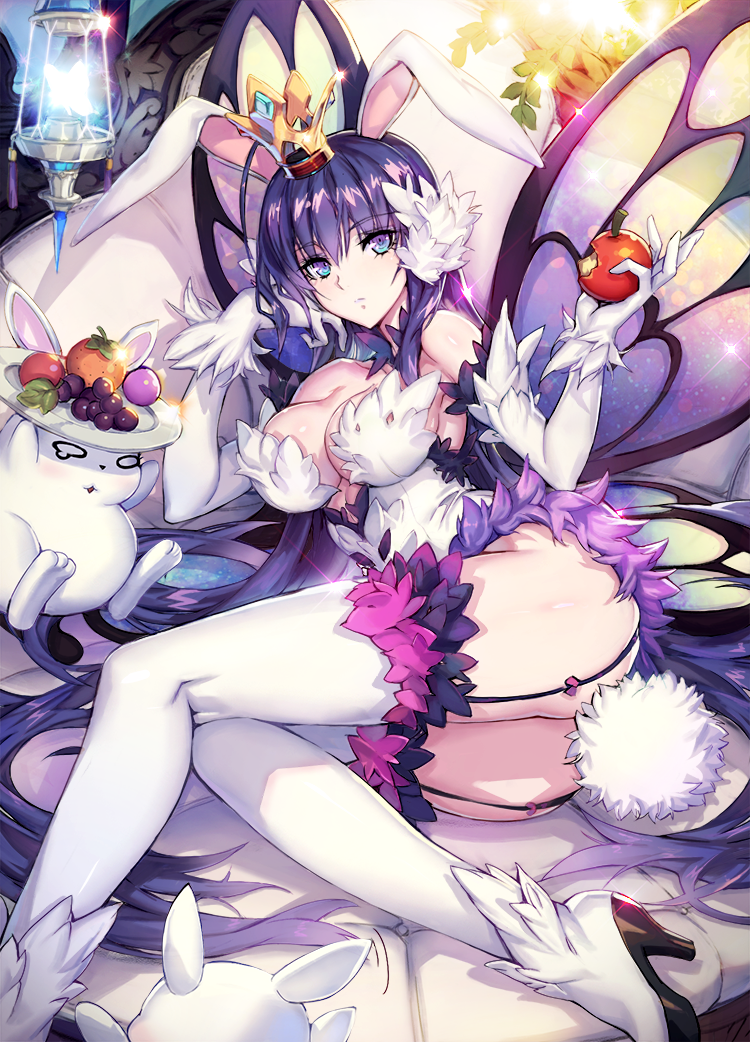 10s, 1girl, animal_ears, apple, arms_up, ass, bare_shoulders, blue_eyes