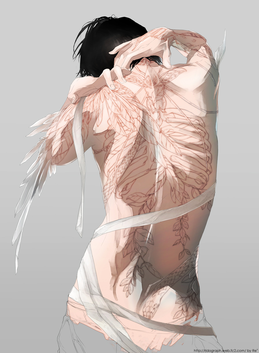 1boy, back, back_focus, back_tattoo, bandages, black_hair, feathers, from_behind