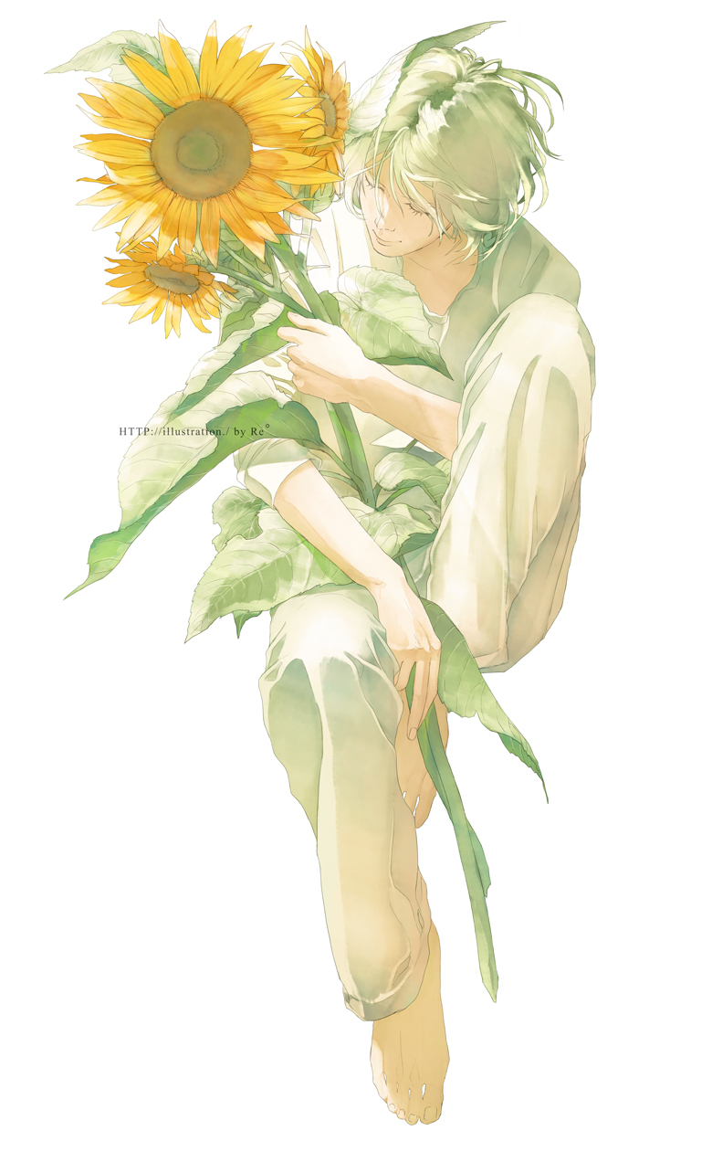 1boy, barefoot, blouse, closed_mouth, eyelashes, closed_eyes, flower, full_body