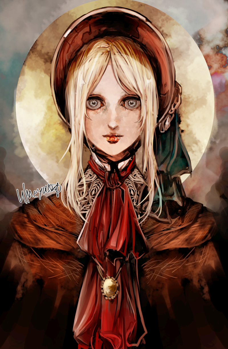 1girl, blonde_hair, bloodborne, blue_eyes, hat, highres, long_hair, looking_at_viewer
