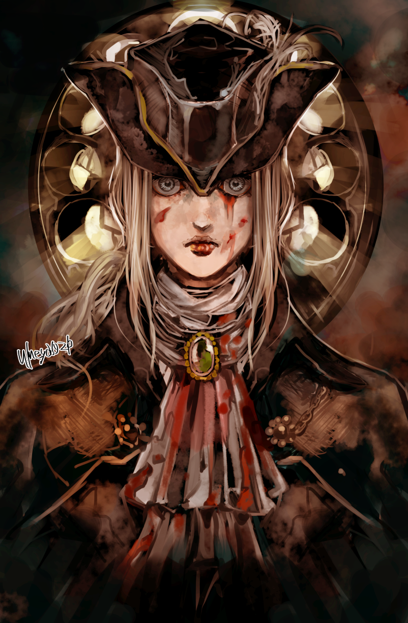 1girl, ascot, blonde_hair, blood, blood_on_face, bloodborne, blue_eyes, female_focus