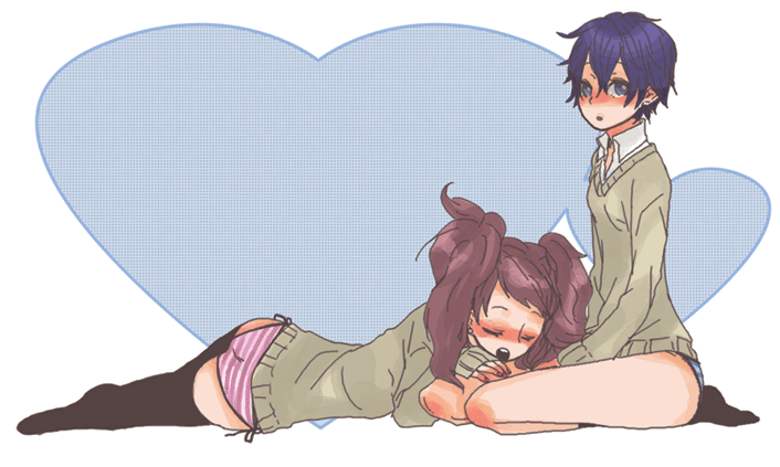 2girls, atlus, bad_id, bad_pixiv_id, blue_hair, blush, kujikawa_rise, multiple_girls, panties, persona, persona_4, shirogane_naoto, side-tie_panties, striped_clothes, striped_panties, sweater, ten, ten_(ch), thighhighs, twintails, underwear