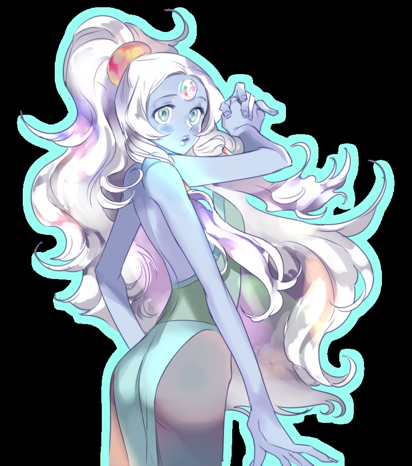 1girl, ass, bad_id, bad_twitter_id, chuong, extra_arms, female_focus, forehead_jewel, highres, long_hair, looking_at_viewer, opal_(steven_universe), outline, own_hands_together, pantyhose, ponytail, silver_hair, solo, steven_universe, transparent_background, very_long_hair