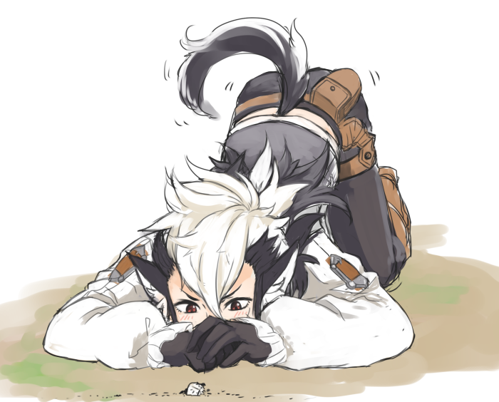 1boy, all_fours, animal_ears, ant, bad_id, bad_pixiv_id, black_gloves, blush, bug, dirt, european_clothes, fire_emblem, fire_emblem_fates, frilled_sleeves, frills, gloves, hallco, keaton_(fire_emblem), looking_down, male_focus, messy_hair, multicolored_hair, nintendo, puffy_sleeves, red_eyes, solo, sugar_cube, tail, top-down_bottom-up, two-tone_hair, wolf_boy