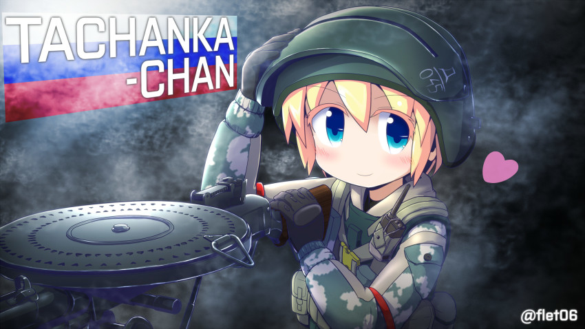 ballistic_face_mask, ballistic_face_shield, ballistic_helmet, blonde_hair, blue_eyes, drum_magazine, epiphone_(flet06), genderswap, genderswap_(mtf), gloves, gun, heart, helmet, highres, machine_gun, magazine_(weapon), maska, pan_magazine, rainbow_six_siege, russian_flag, smile, tachanka, twitter_username, visor, visor_(armor), weapon