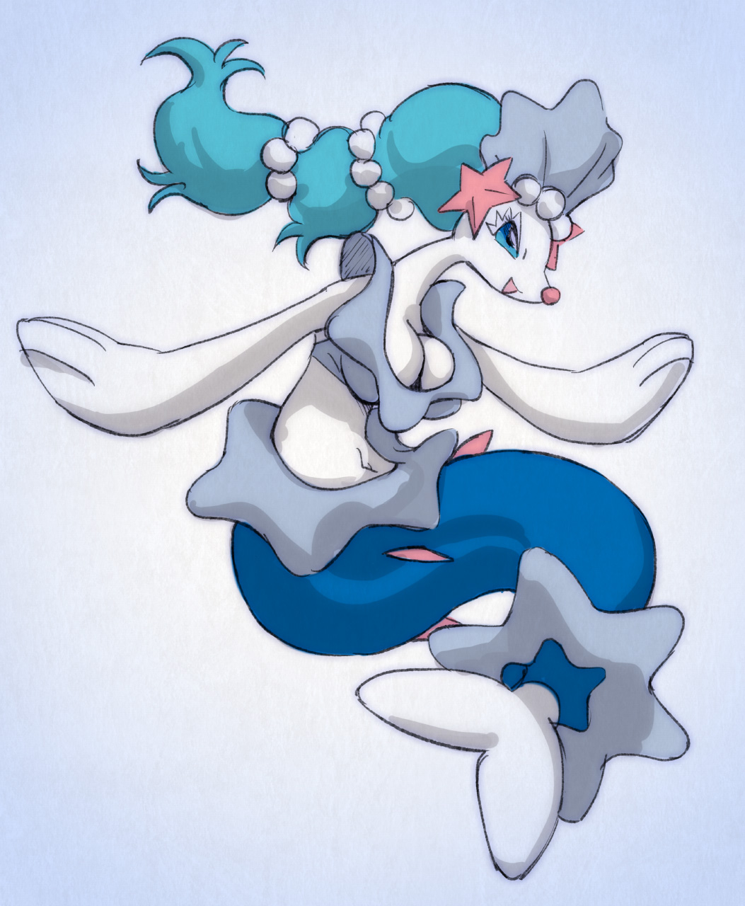 1girl, aqua_hair, blue_eyes, breasts, female_focus, furry, furry_female, gen_7_pokemon, highres, looking_at_viewer, melonleaf, nintendo, open_mouth, pokemon, pokemon_sun_and_moon, primarina, smile, solo