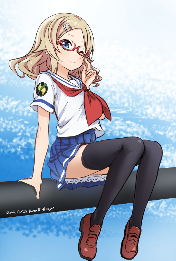 10s, 1girl, ;), abe_kanari, black_thighhighs, blonde_hair, blue_eyes, blush