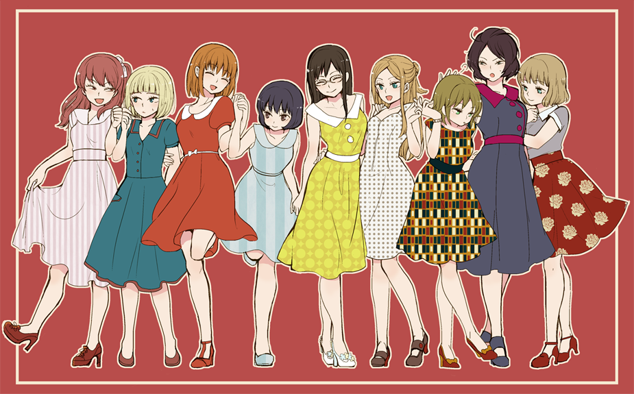 >:o, 10s, 6+girls, :d, :o, ^_^, arm_around_another's_waist, arm_at_side, ayatsuji_haruka, bare_legs, black_dress, black_footwear, black_hair, blonde_hair, blue_eyes, blunt_bangs, border, bow, bracelet, breasts, brown_eyes, brown_hair, buttons, casual, closed_eyes, closed_mouth, collarbone, dress, eyelashes, female_focus, flat_color, floral_print, full_body, fume, glasses, green_eyes, hair_bow, hair_bun, half_updo, hand_on_another's_arm, hand_on_another's_head, happy, high_heels, hiyami_aki, holding_another's_arm, holding_hands, holding_own_dress, jewelry, konami_kirie, kumagai_yuuko, leaning_forward, leg_up, light_brown_hair, lineup, locked_arms, long_hair, looking_at_another, looking_at_viewer, looking_down, looking_to_the_side, medium_breasts, messy_hair, mikami_kaho, mouth_hold, multiple_girls, nasu_rei, nire_hikari, no_socks, one_side_up, open_mouth, osano_rui, outline, outside_border, polka_dot, polka_dot_dress, print_skirt, red_dress, red_eyes, red_footwear, red_hair, red_skirt, rimless_eyewear, shoes, short_dress, short_hair, simple_background, single_hair_bun, skirt, sleeveless, sleeveless_dress, small_breasts, smile, standing, standing_on_one_leg, striped_clothes, striped_dress, sweatdrop, takaya, unmoving_pattern, usami_shiori, v-shaped_eyebrows, vertical-striped_clothes, vertical-striped_dress, white_bow, white_footwear, world_trigger, yellow_dress