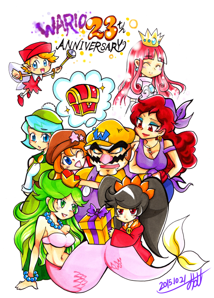10s, 1boy, 2015, 6+girls, :<, ^_^, affectionate_harem, anniversary, aqua_hair, ashley_(warioware), bandana, black_hair, blue_eyes, blunt_bangs, box, breasts, captain_syrup, character_name, cleavage, closed_eyes, crossover, crown, curly_hair, dated, drooling, eyeshadow, gem, gift, gift_box, green_eyes, green_hair, harem, hime_cut, long_hair, makeup, mario_&amp;_wario, mario_(series), medium_breasts, meidou_(wario's_woods), mermaid, midriff, mona_(warioware), monster_girl, mouth_drool, multiple_crossover, multiple_girls, nintendo, omu_(sinsindan), one_eye_closed, overalls, pink_hair, pointy_ears, princess_shokora, purple_overalls, queen_merelda, red_eyes, red_hair, scrunchie, short_hair, simple_background, speech_bubble, thought_bubble, twintails, wanda_(mario), wario, wario's_woods, wario_land, wario_land:_shake_it!, wario_land_4, warioware, white_background