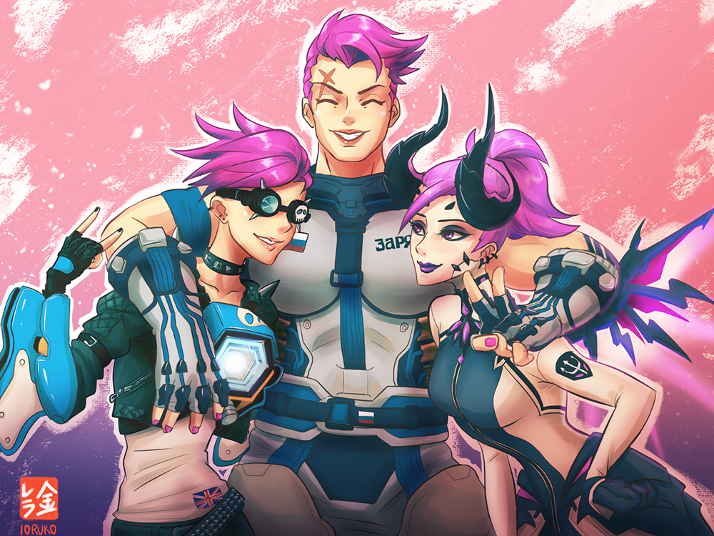 3girls, ^_^, alternate_costume, alternate_hair_color, arm_around_shoulder, black_nails, bodysuit, breasts