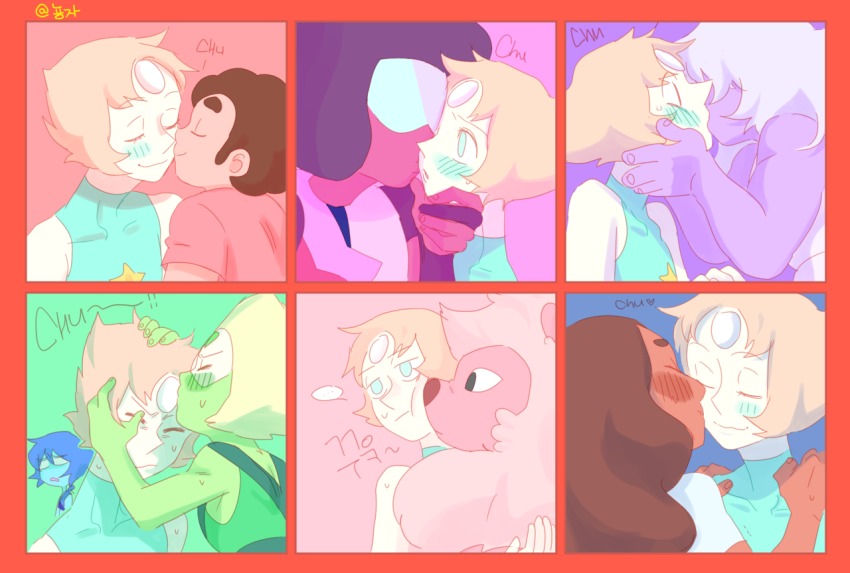 1boy, 6+girls, afro, amethyst_(steven_universe), animal, blonde_hair, blue_skin, blush, brown_hair, closed_eyes, colored_skin, column_lineup, connie_maheswaran, forehead_jewel, garnet_(steven_universe), green_skin, kiss, kissing_cheek, kissing_forehead, lapis_lazuli_(steven_universe), lion, lion_(steven_universe), long_hair, multiple_girls, nyong-choi, pearl_(steven_universe), peridot_(steven_universe), pink_hair, purple_skin, short_hair, sleeveless, sleeveless_turtleneck, steven_quartz_universe, steven_universe, sunglasses, sweatdrop, turtleneck, visor, yuri