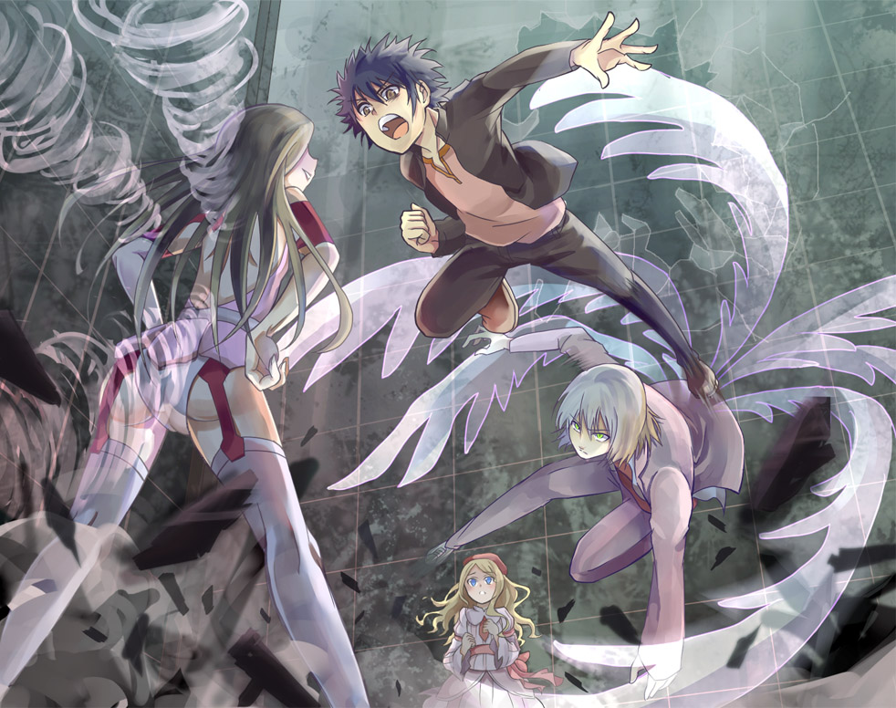 2boys, 2girls, action, aerokinesis, angel_wings, attack, battle, black_hair, blazer, blonde_hair, blue_eyes, brown_eyes, cyborg, debris, dress, energy_wings, fantasy, feathered_wings, feathers, formal_clothes, fremea_seivelun, garter_straps, glowing, glowing_feather, glowing_wings, green_eyes, hands_on_own_hips, hat, jacket, kakine_teitoku, kakine_teitoku_(post-revival), kamijou_touma, oversized_wings, leotard, magic, microskirt, motuki221, multiple_boys, multiple_girls, multiple_wings, open_mouth, pale_skin, psychic, rensa_#29, rensa_(toaru_majutsu_no_index), ribbon, science_fiction, skirt, spiked_hair, spread_wings, suit, thighhighs, toaru_majutsu_no_index, toaru_majutsu_no_index:_new_testament, white_feathers, white_hair, white_wings, wind, wings