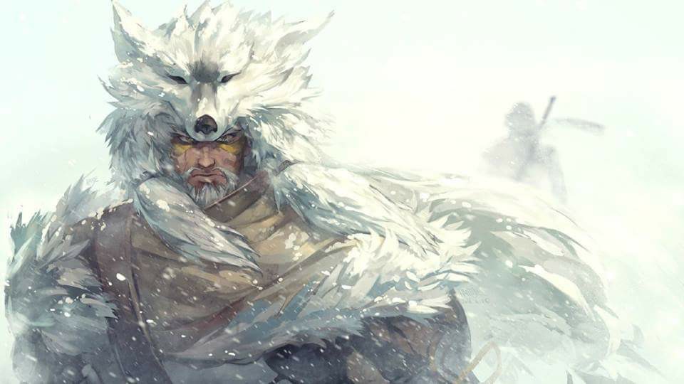 2boys, beard, facial_hair, genji_(overwatch), han_yijie, hanzo_(overwatch), male_focus, multiple_boys, okami_hanzo, overwatch, overwatch_1, pelt, serious, snow, source_request